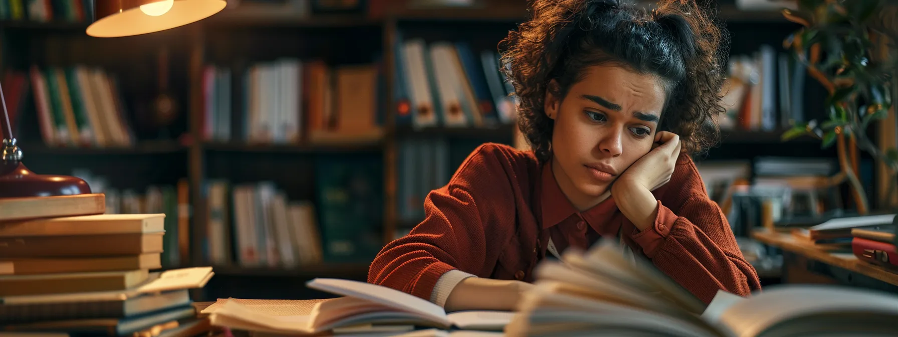 a person sitting at a desk, deep in thought, surrounded by books and notes, with a focused expression on their face.