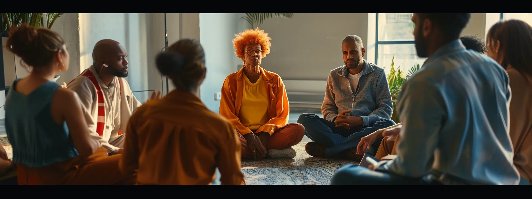 a person sitting in a circle with a group of diverse individuals, actively engaged in a discussion during a personal development workshop.