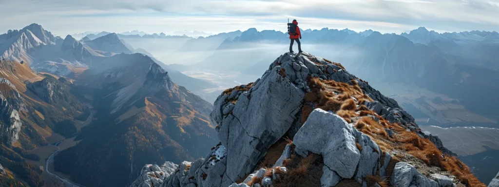 a person standing confidently on top of a mountain peak, looking out at the vast landscape with a determined expression on their face.