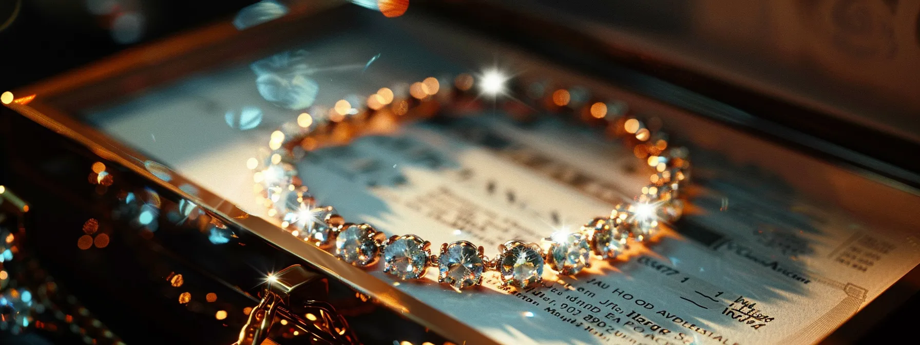 a sparkling gemstone bracelet in a jewelry box with an insurance policy document next to it.