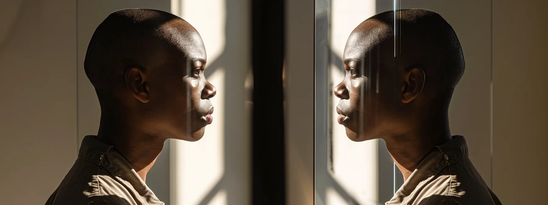 a person standing in front of a mirror, examining their reflection with a thoughtful expression.