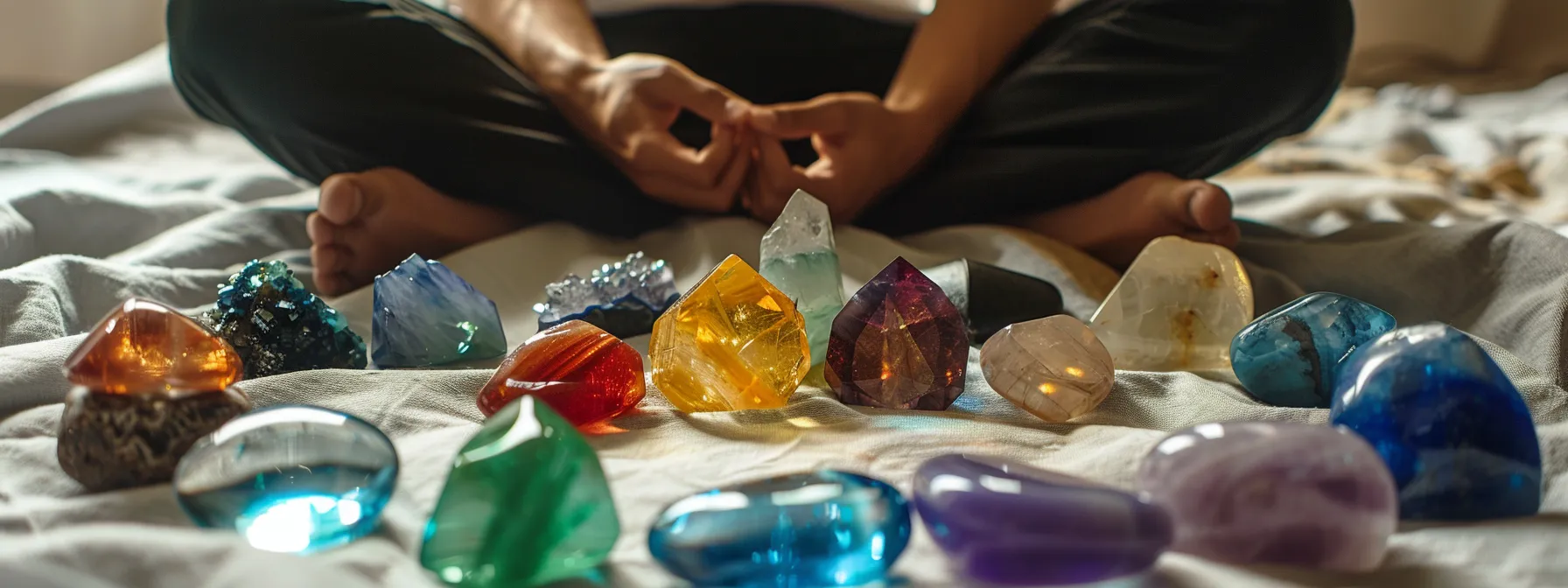 a person sitting cross-legged surrounded by various colorful gemstones on a white cloth.