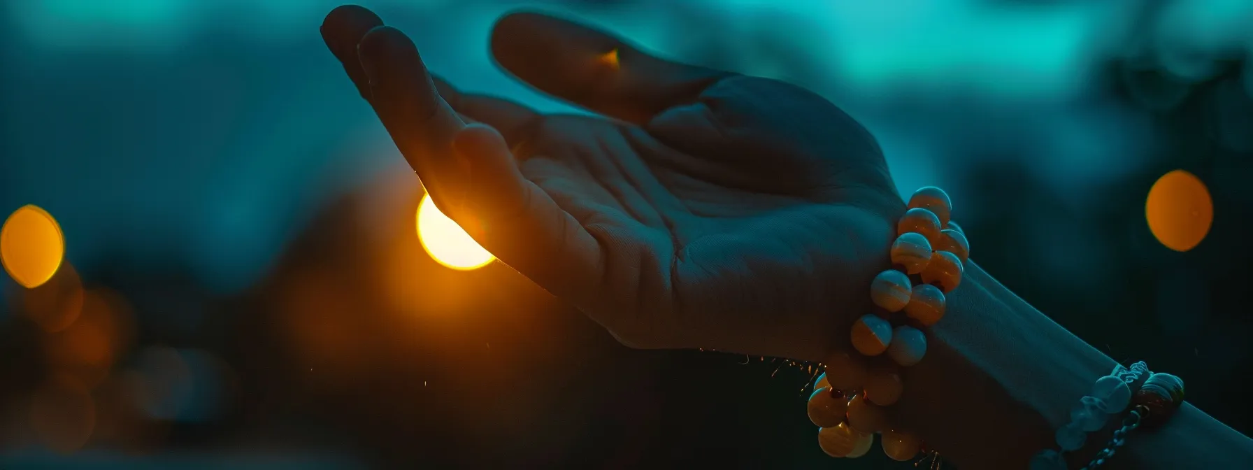 a hand holding a gemstone bracelet under the moonlight for cleansing and recharging.