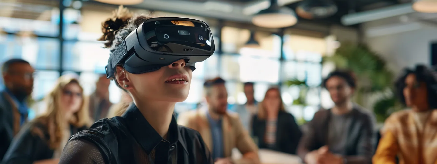 a person wearing a virtual reality headset, engaging in a coaching session with ai technology, surrounded by a diverse group of professionals in a modern office setting.