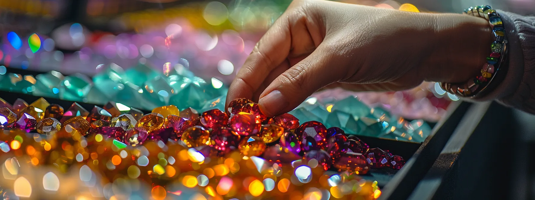 a person carefully examining different facet cuts of gemstones for bracelets.