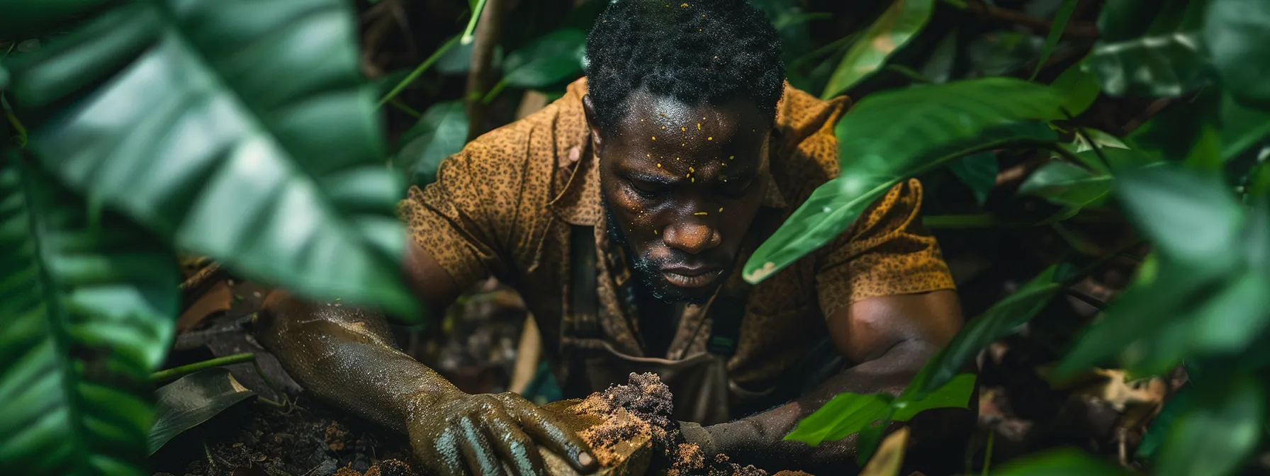 an african miner carefully extracting a gemstone from the earth while surrounded by lush green vegetation.