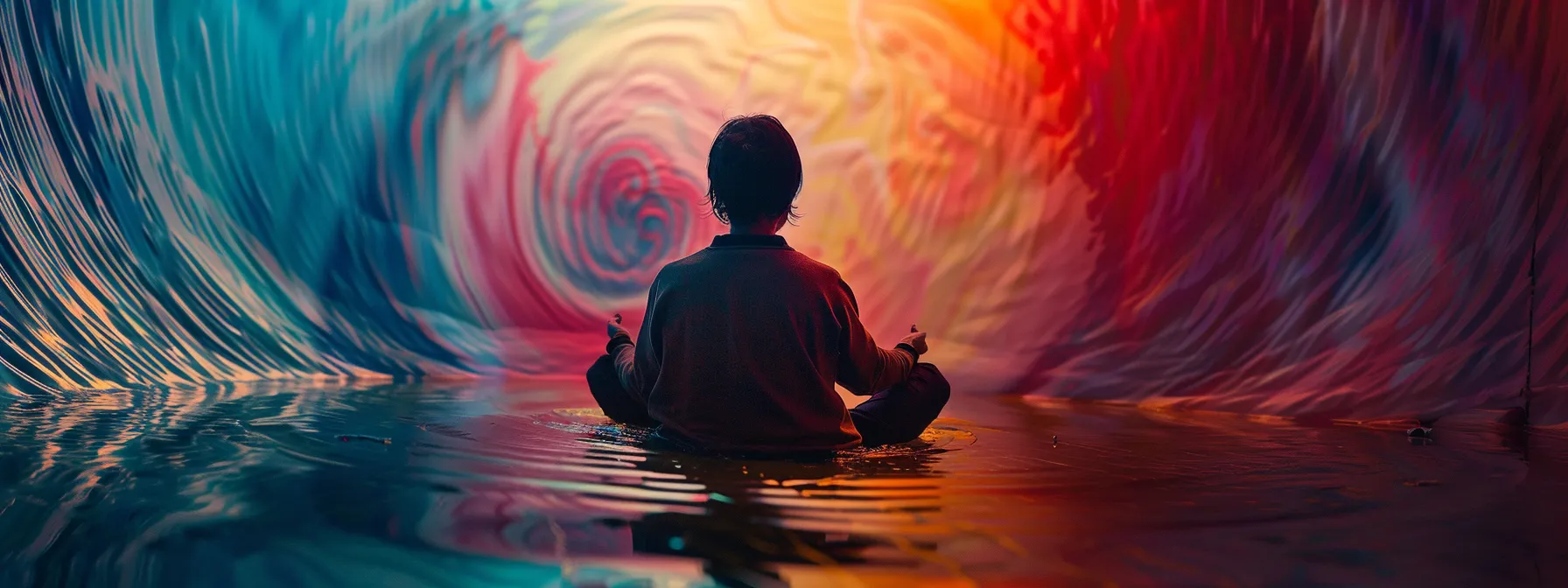 a person sitting serenely with closed eyes, surrounded by swirling colors representing the power of the subconscious mind.