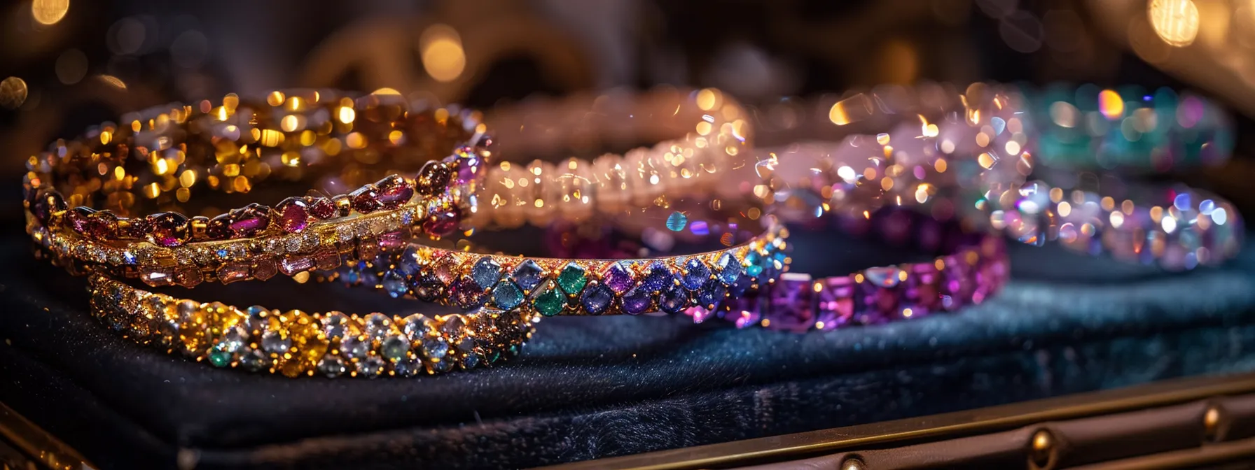 a collection of luxurious natural gemstone bracelets displayed on a velvet-lined jewelry tray, sparkling under soft ambient lighting.