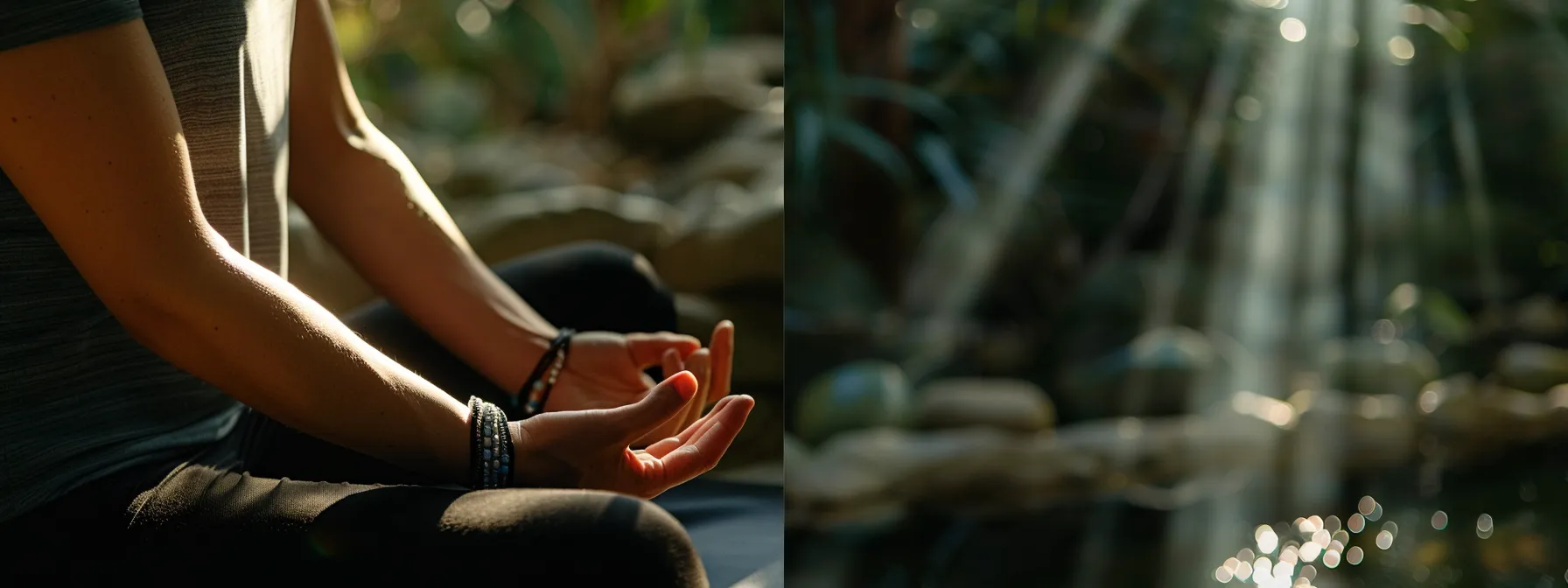 a person wearing a stress relief bracelet while practicing yoga in a peaceful setting.