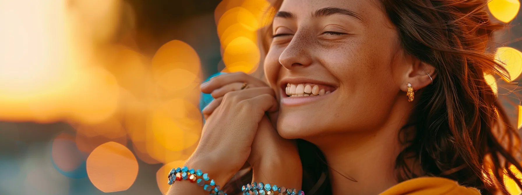 a person wearing a gemstone bracelet with a bright smile while engaging in daily activities with renewed energy and enthusiasm.