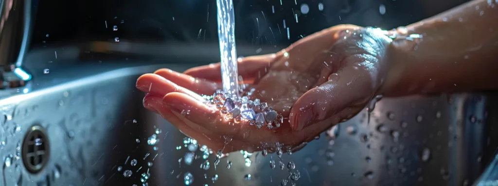 a hand holding a small crystal bracelet under running water in a sink.