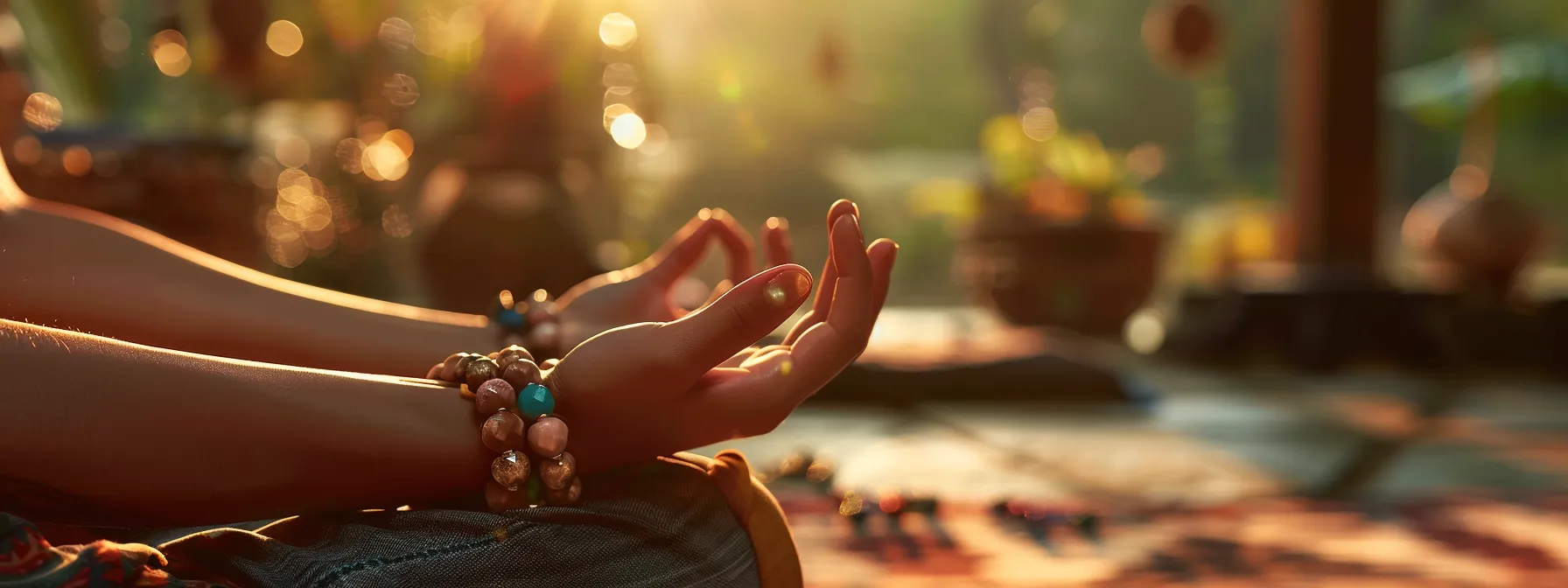 a person wearing gemstone bracelets while practicing yoga in a serene, peaceful environment.