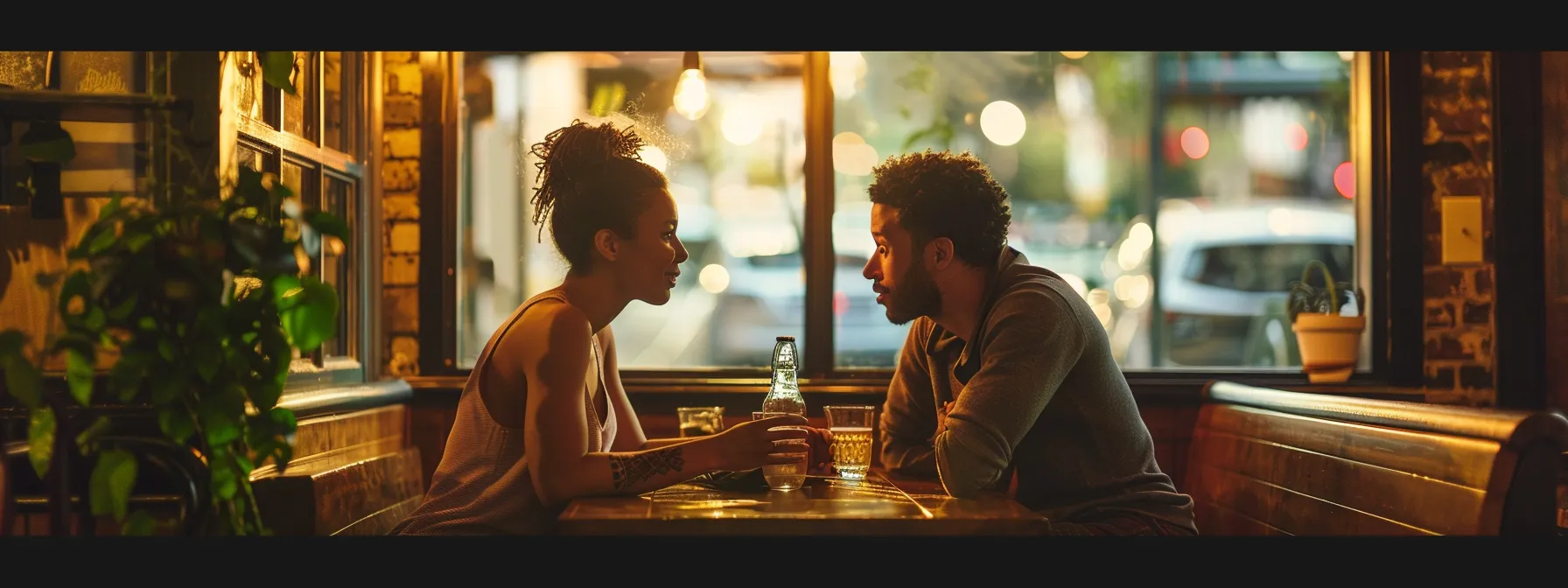 a couple sitting together, deeply engaged in conversation, with a sense of understanding and connection evident in their body language.