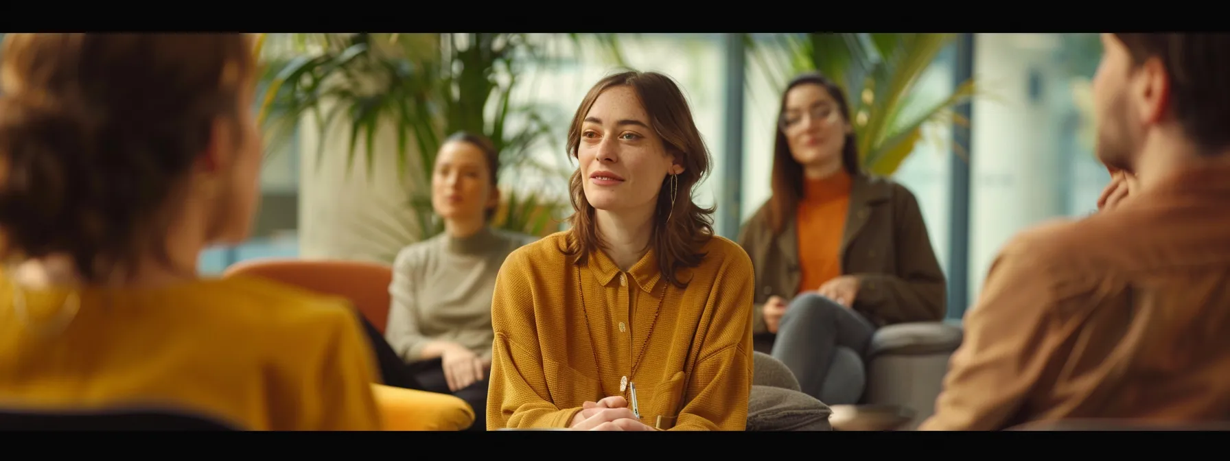 a person confidently leading a team meeting, surrounded by engaged colleagues in a modern office setting.