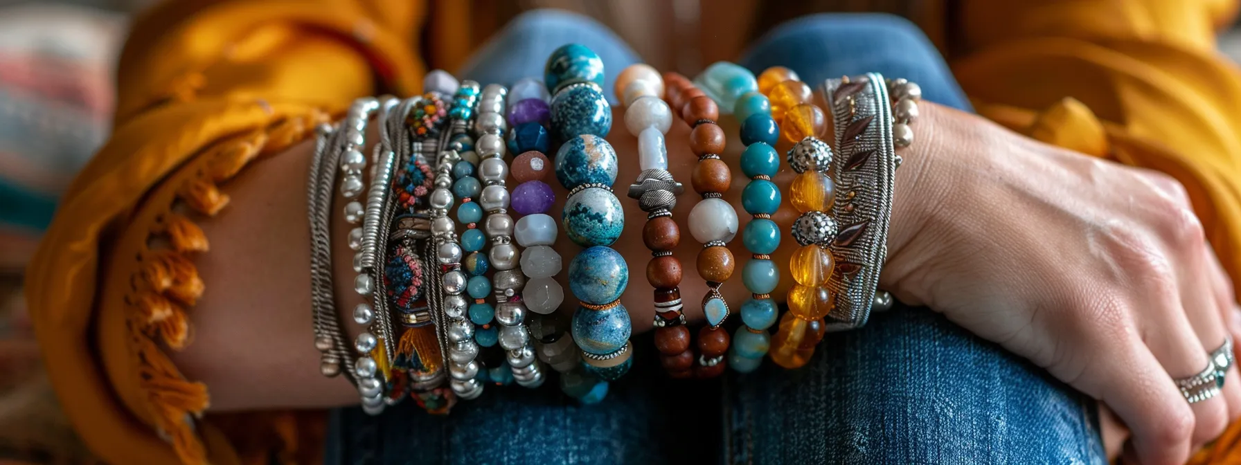 a person wearing a variety of gemstone bracelets with silver accents, each representing their aspirations and intentions.