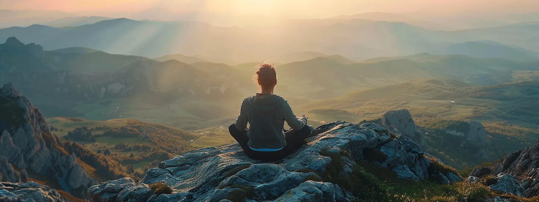 a person sitting on a peaceful mountain overlooking a vast landscape with a calm expression on their face, reflecting on their personal growth journey through mindset shift coaching.