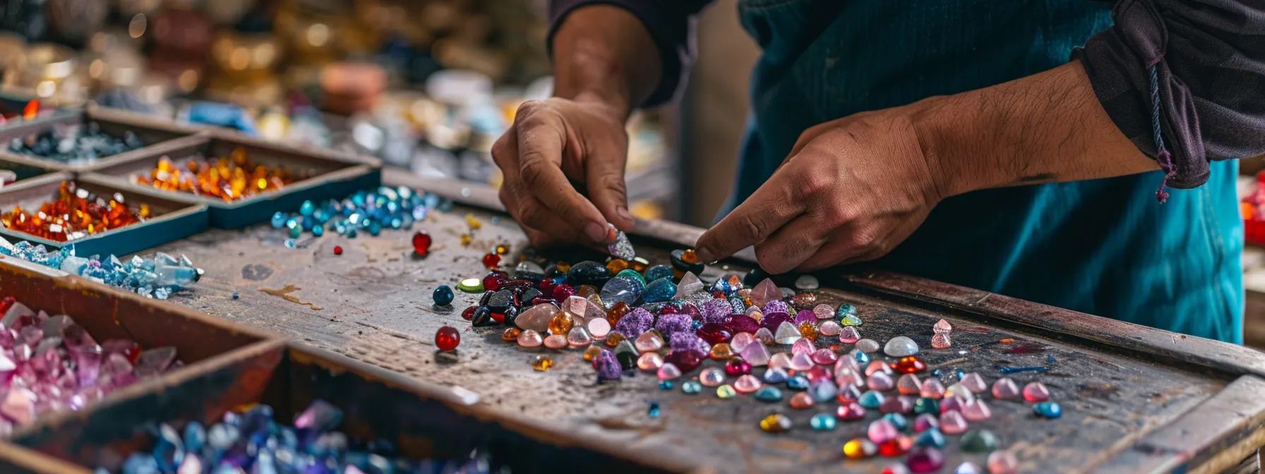 an artisan carefully selecting and arranging colorful gemstones on a work table.