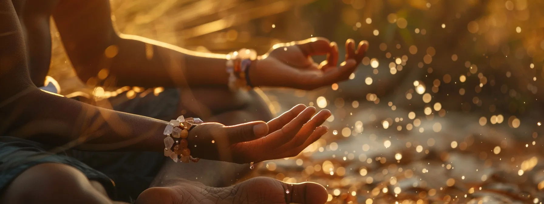 a person wearing a crystal bracelet while meditating in a peaceful, natural setting.