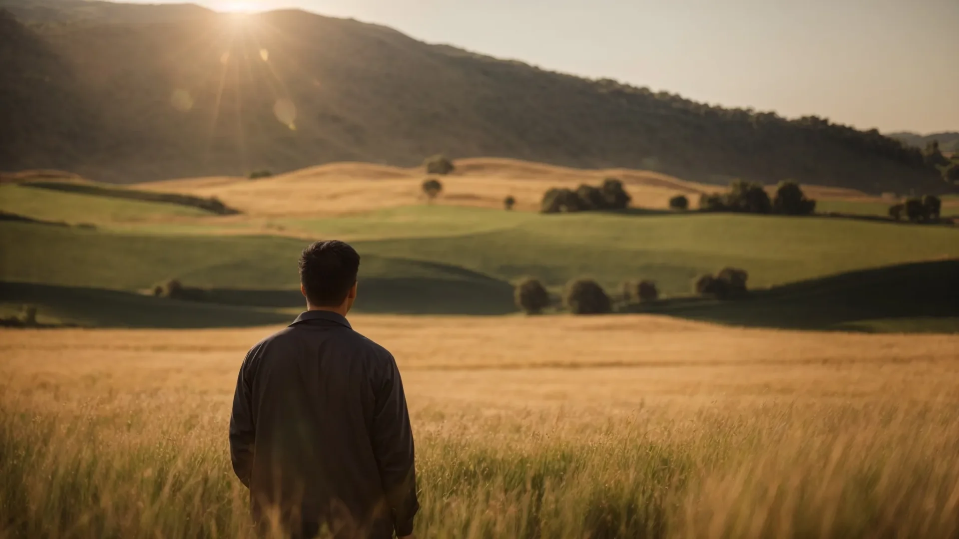 a person with a smile on their face, looking out into a sunny landscape with a peaceful expression.