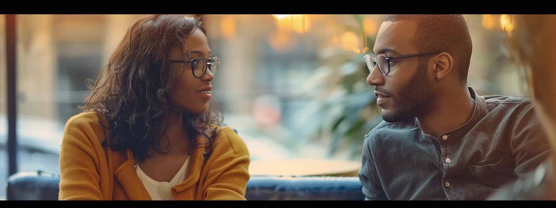 a couple sitting together, deep in conversation, with expressions of understanding and connection.