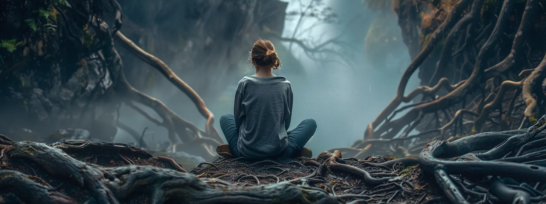 a person sitting in thought, surrounded by tangled roots symbolizing limiting beliefs being challenged and unraveled.