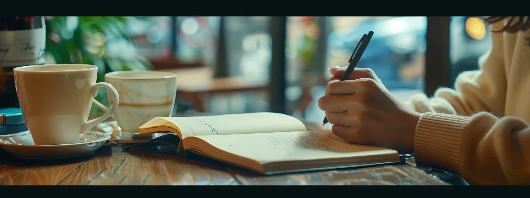 a person sitting at a desk with a journal, pen, and cup of coffee, deep in thought.