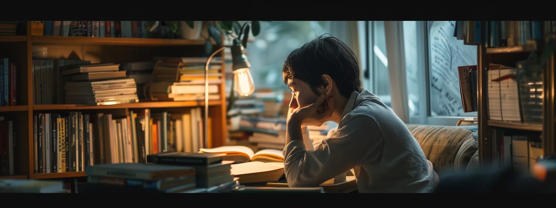 a person deep in thought, surrounded by books on psychology and personal growth.