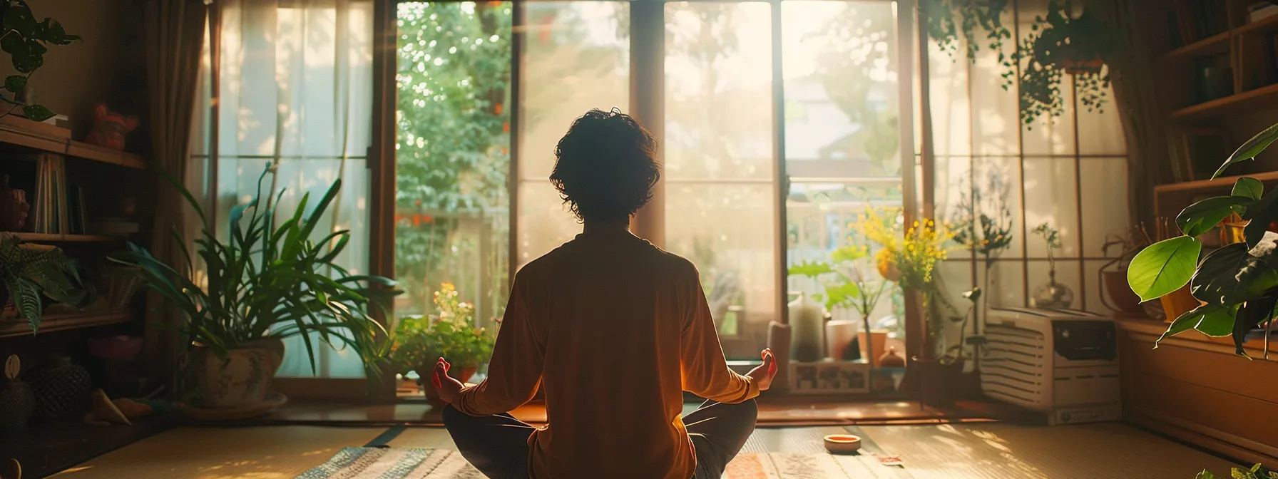 a person sitting in a peaceful room, surrounded by calming colors and personal mementos, practicing mindfulness meditation.