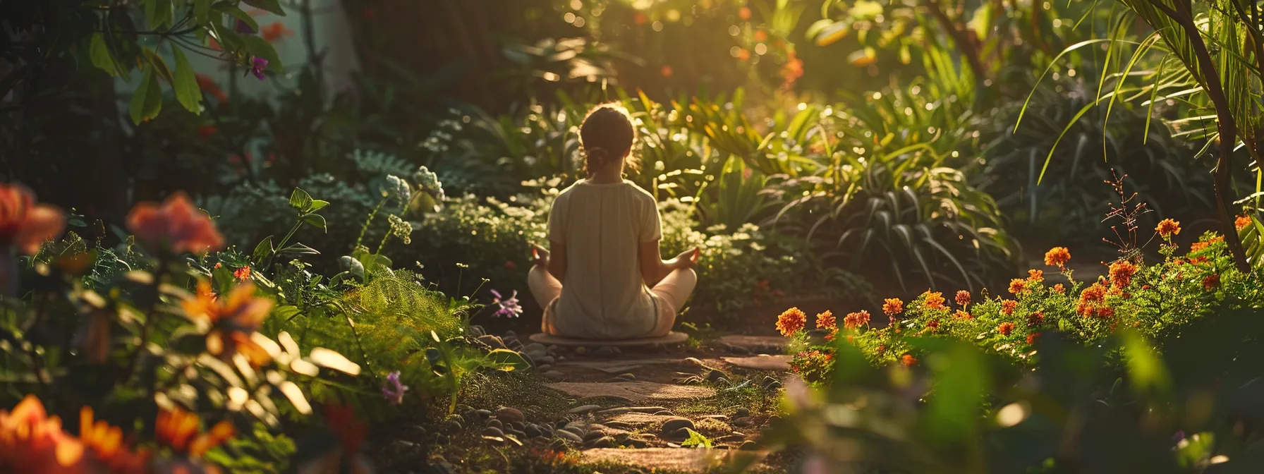 a person meditating in a serene garden surrounded by blooming flowers and greenery.