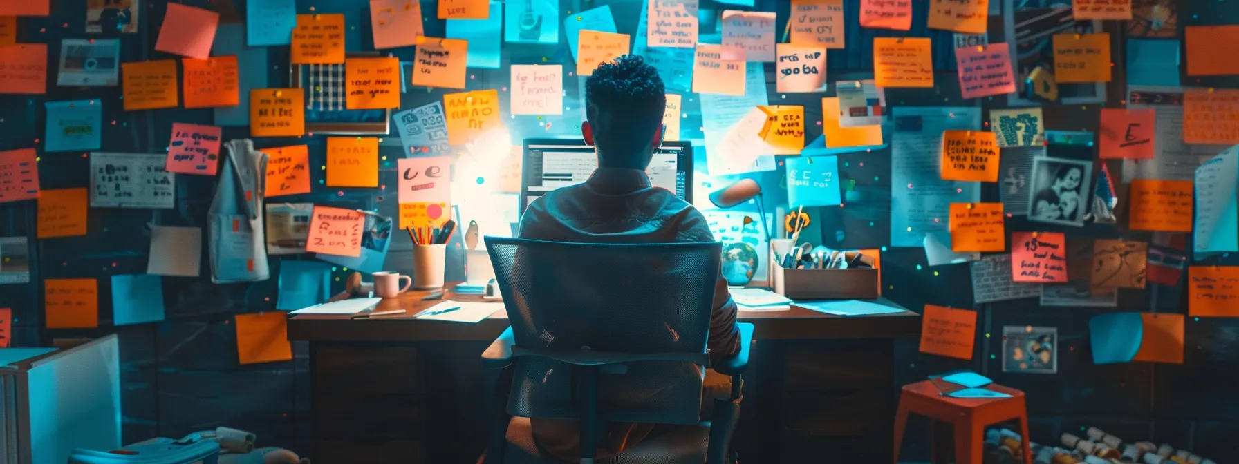 a person sitting at a desk surrounded by motivational quotes and affirmations written on colorful sticky notes.