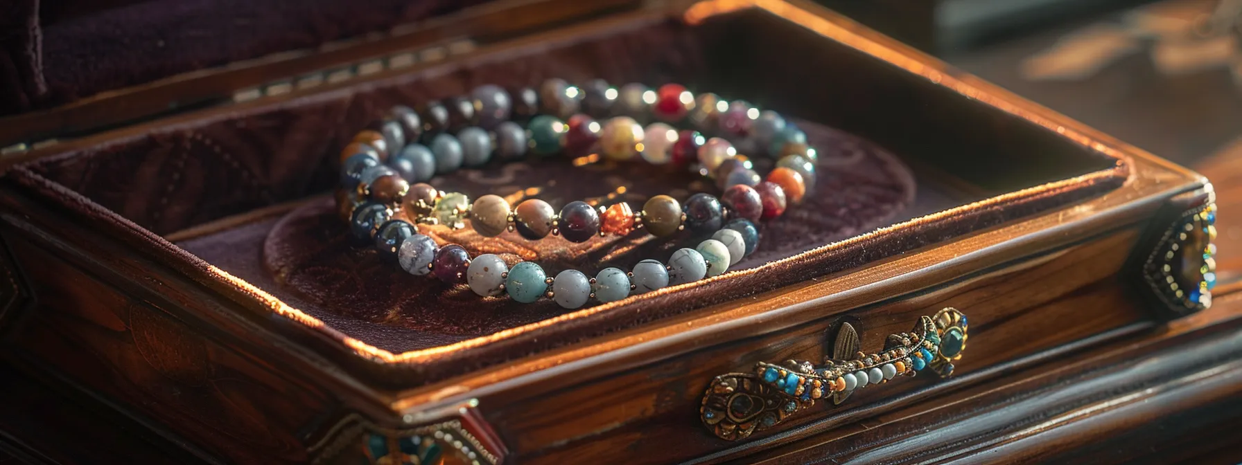 a gemstone bracelet placed on a soft velvet cushion inside a beautiful jewelry box.