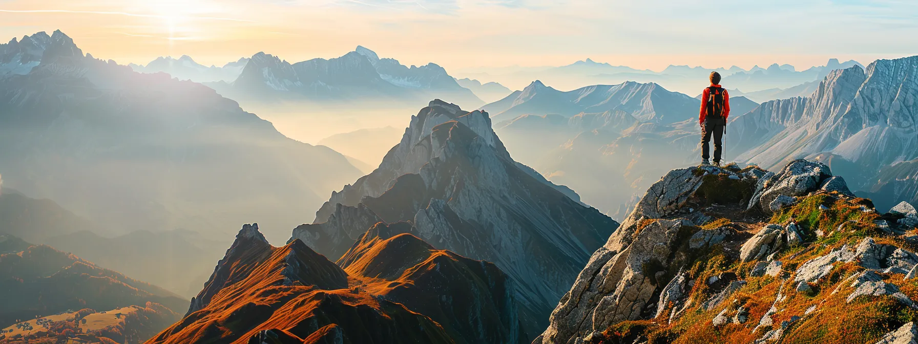 a person standing confidently on top of a mountain, looking out at the challenging terrain ahead.