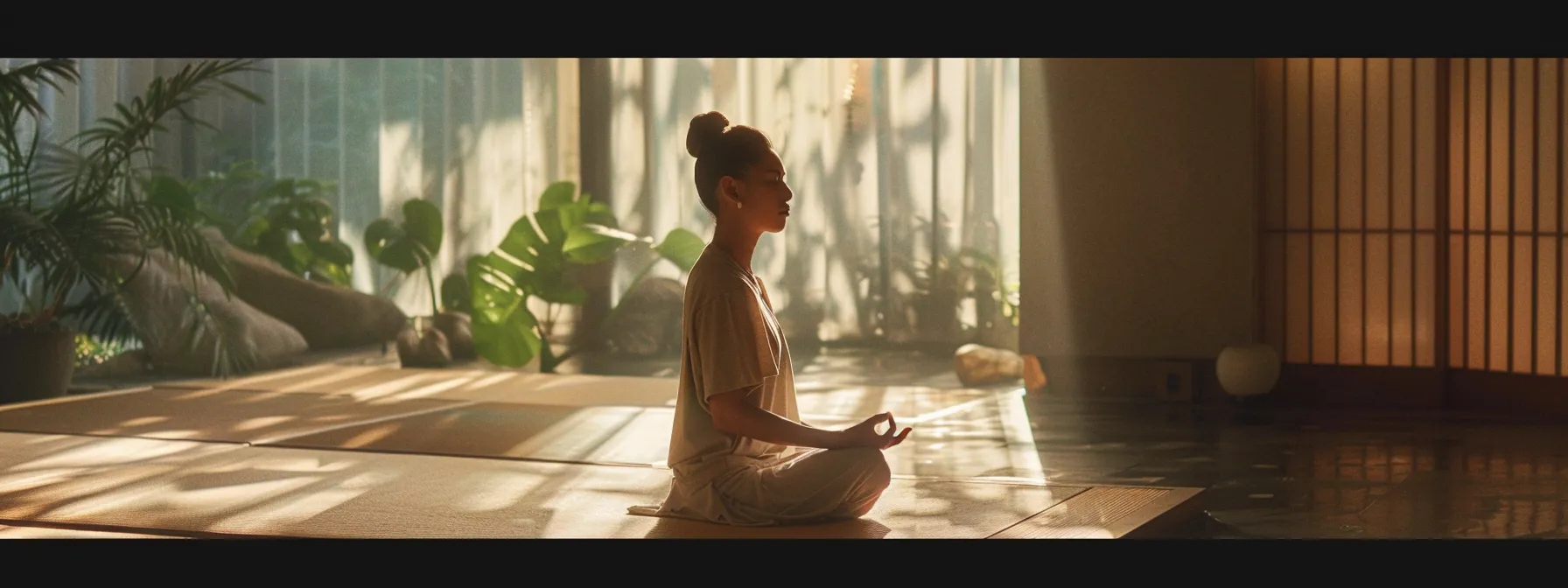 a person sitting in a peaceful room, meditating with a serene expression on their face.