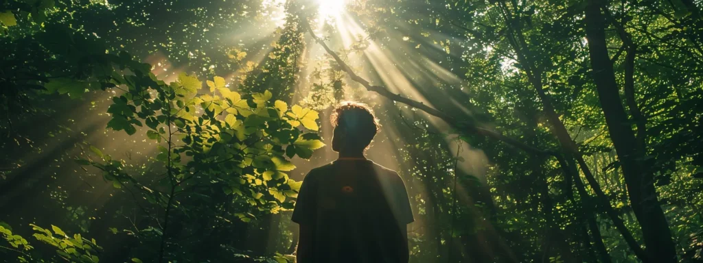 a person standing in a tranquil forest, looking up at the sun shining through the trees.