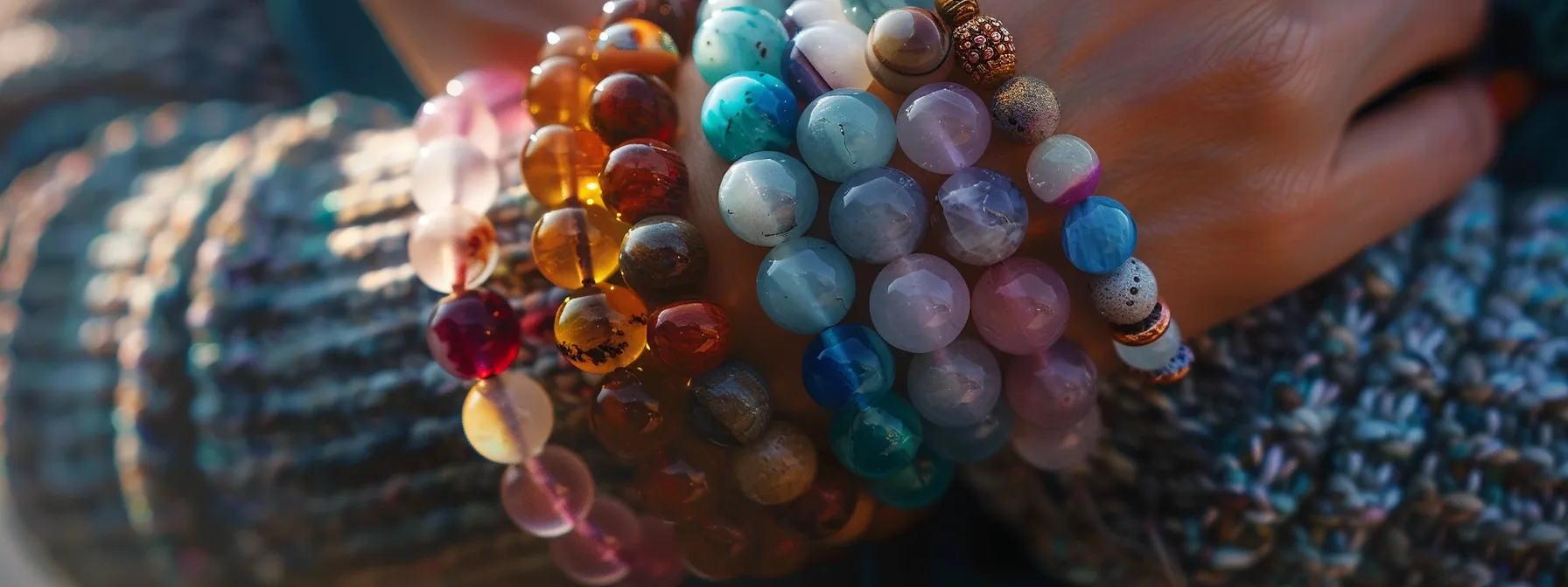 a person wearing multiple gemstone bracelets, each with different colored stones.