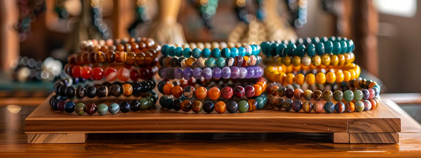 a collection of colorful natural stone bracelets displayed on a sleek wooden display stand.