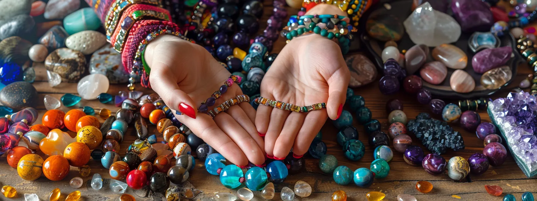 a person wearing a variety of colorful gemstone bracelets, surrounded by a collection of shiny gemstones on a table.