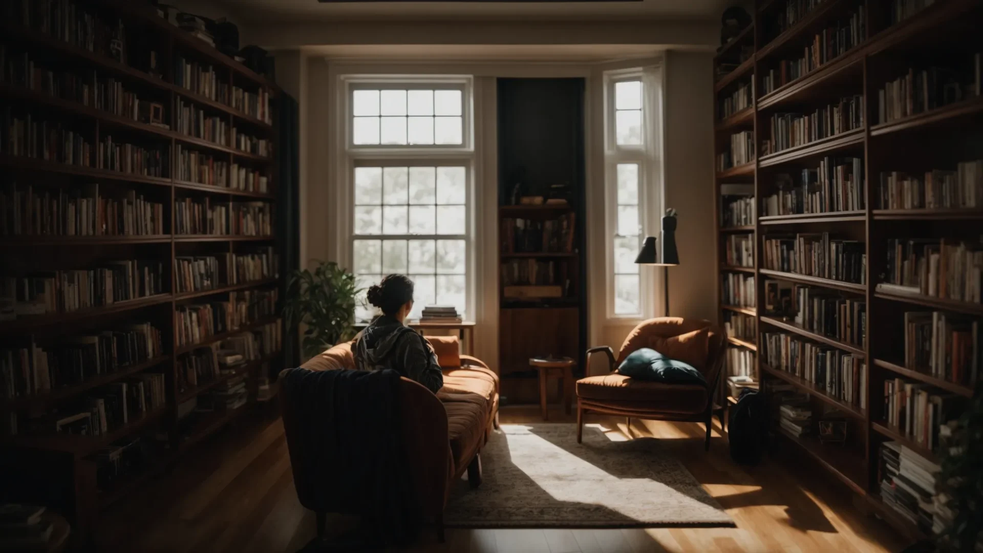 a person sitting in a peaceful room, surrounded by books on mindset coaching and traditional therapy.