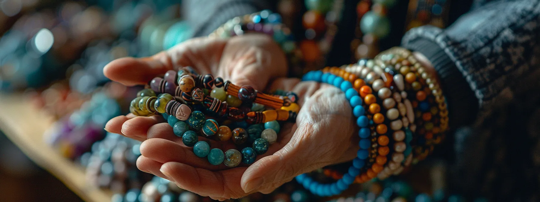 a person holding a selection of gemstone bracelets, carefully examining the colors and designs.