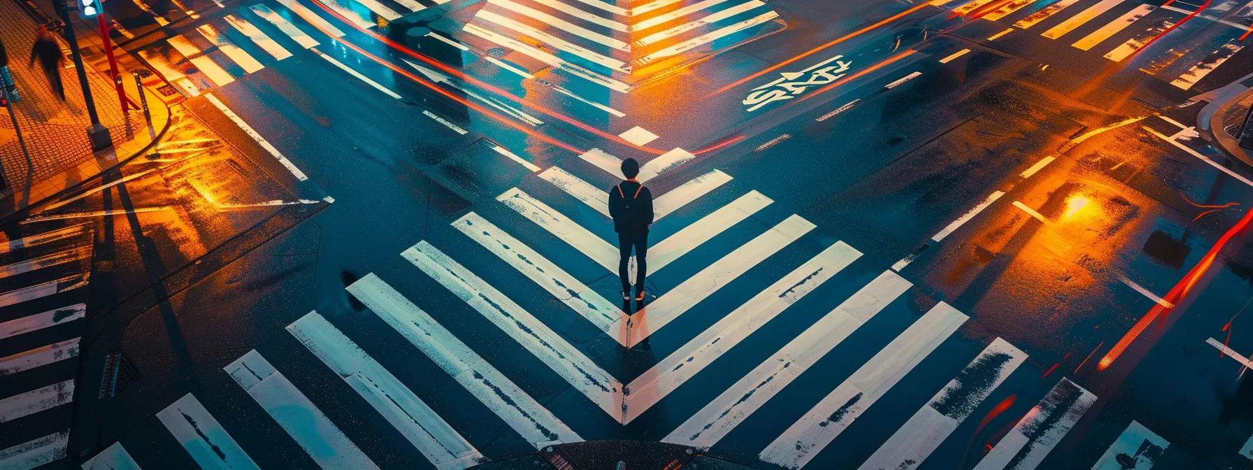 a person standing at a crossroads with multiple paths leading in different directions.