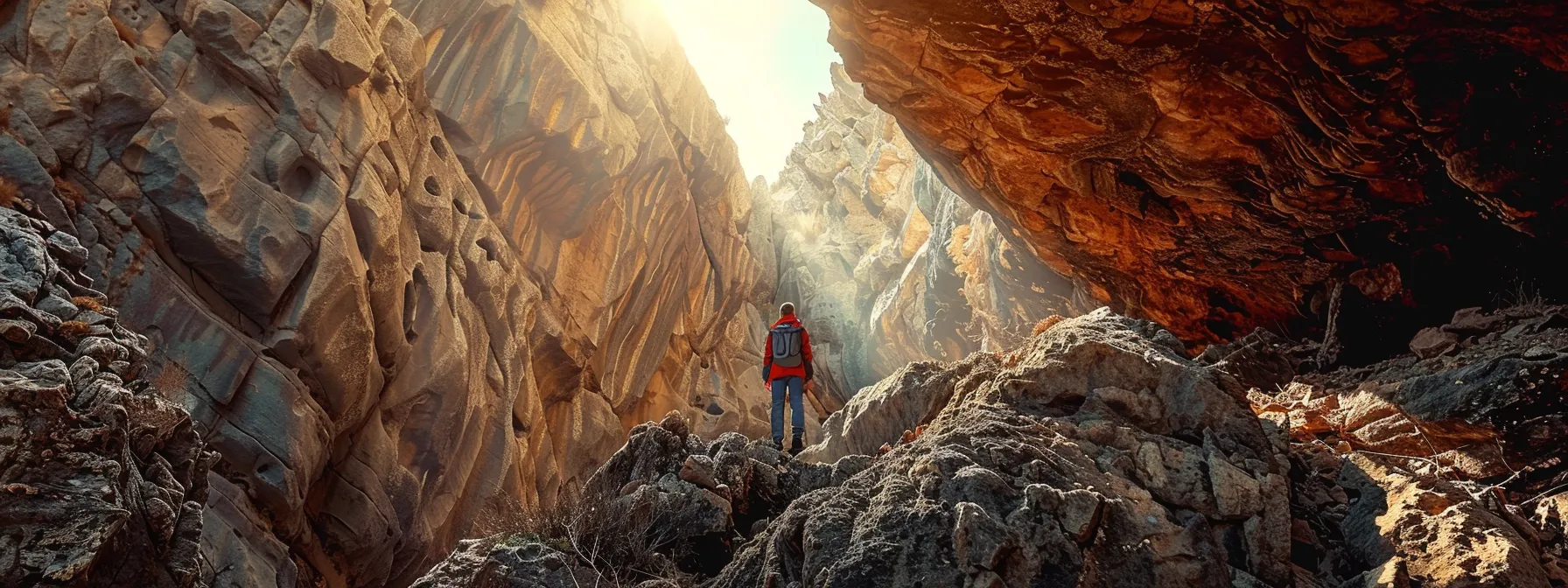 a person standing at the base of a mountain, looking up with determination in their eyes.