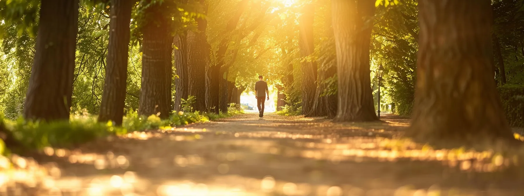 a person walking confidently down a bright path lined with trees and sunshine, symbolizing continued growth and empowerment after psych-k sessions.