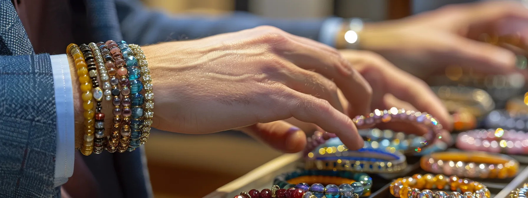 a person examining a collection of high-value gemstone bracelets with an insurance agent.