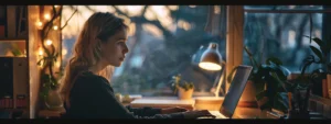 a woman sitting at a desk with a laptop, looking motivated and focused as she works on her personal development with online mindset coaching.