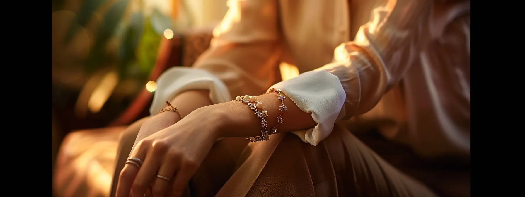 a woman elegantly wearing a vintage gemstone bracelet, complimenting her modern outfit with a touch of classic elegance.