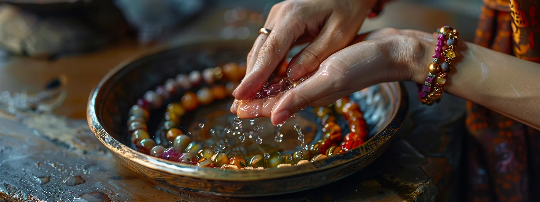 gently cleaning gemstone bracelets with homemade solution and soft cloth.