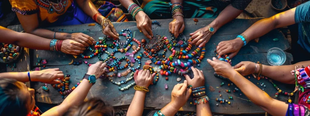 a diverse group of artisans crafting colorful gemstone bracelets.