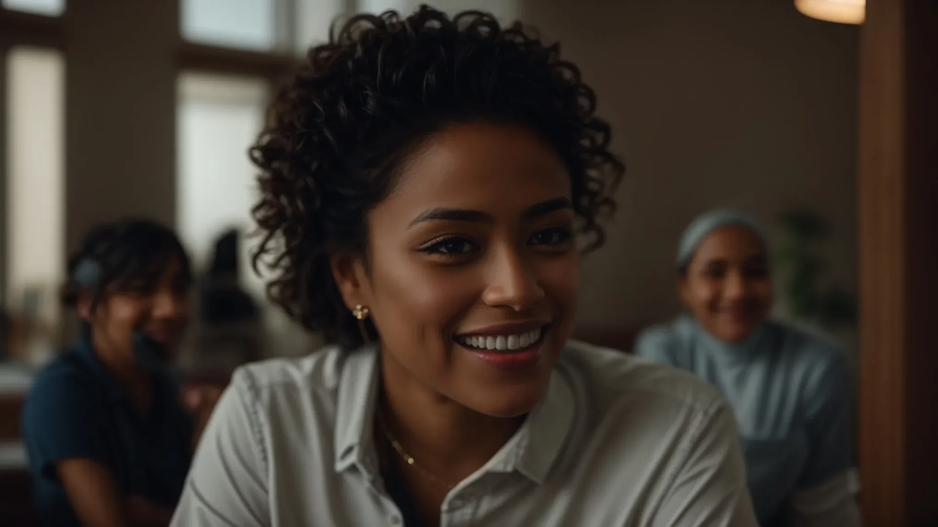 a person smiling confidently while engaged in a coaching session with a supportive group of people.