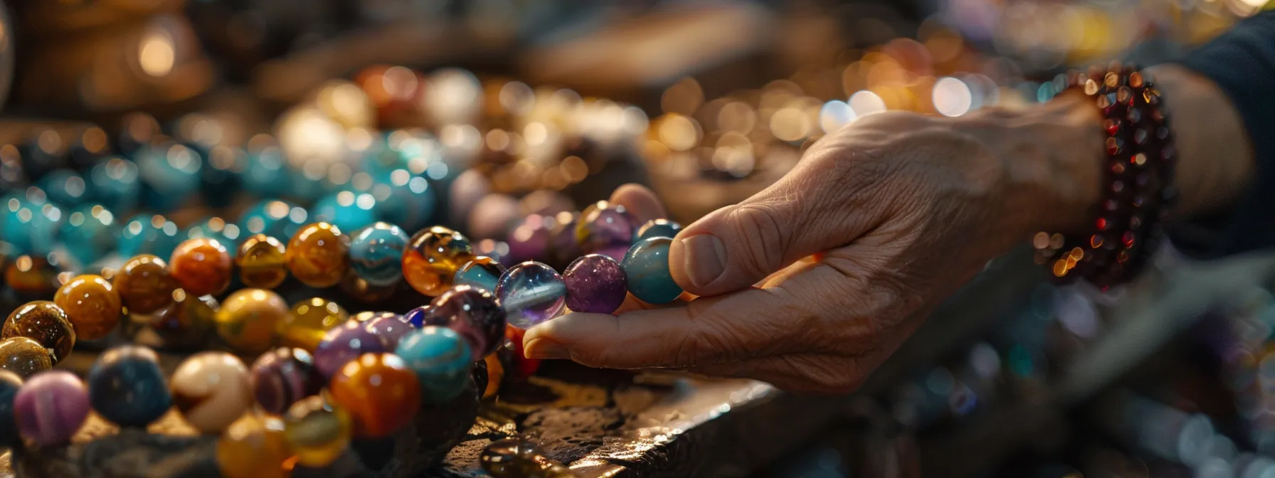 a person carefully documenting and photographing a natural gemstone bracelet for insurance purposes.