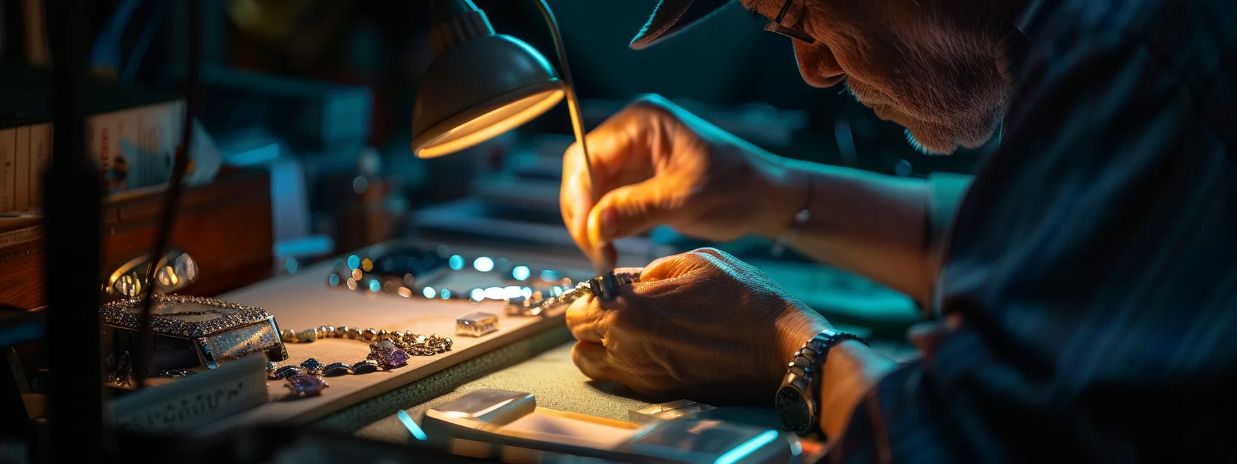 a jeweler carefully inspecting a gemstone bracelet for signs of damage and loose stones.